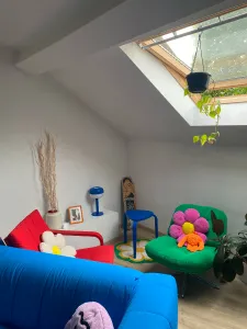My living room. In the bottom left, you can see the corner of my blue sofa. Behind it are a red armchair and a green cushioned chair with a blue coffee table, a blue lamp and a blue skateboard in the background. In the top right, you can see an open roof window with a plant hanging from the ventilation bar.