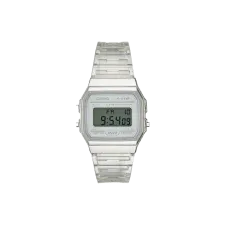 A casio digital watch with a clear bracelet and a white watch face