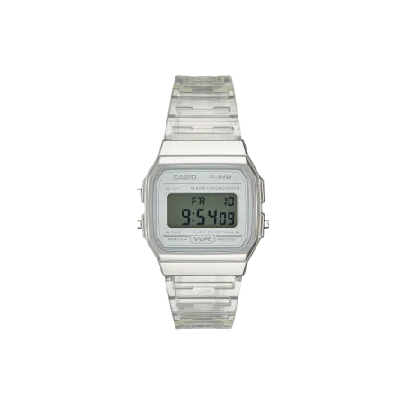 A casio digital watch with a clear bracelet and a white watch face