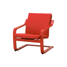 A bright red armchair from IKEA. It's got wooden armrests that extend as a base