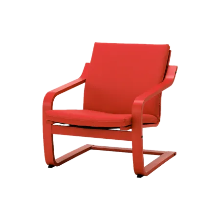 A bright red armchair from IKEA. It's got wooden armrests that extend as a base