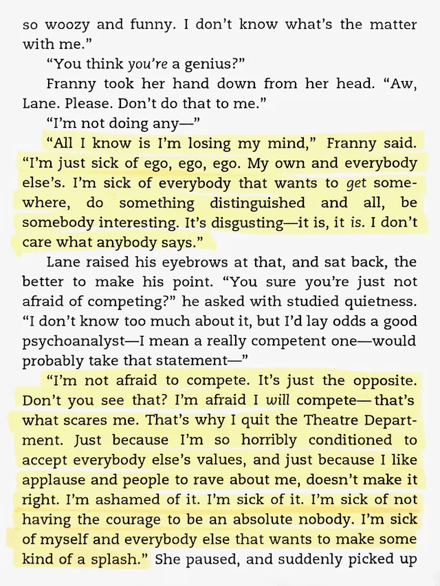 A page of a book, written in bold typography with indents. A bunch of the text is highlighted in yellow.