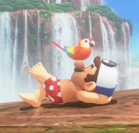 Mario, from Mario Odyssey, laying on a trunk in his underwear with a parrot like bird perched on his nose.