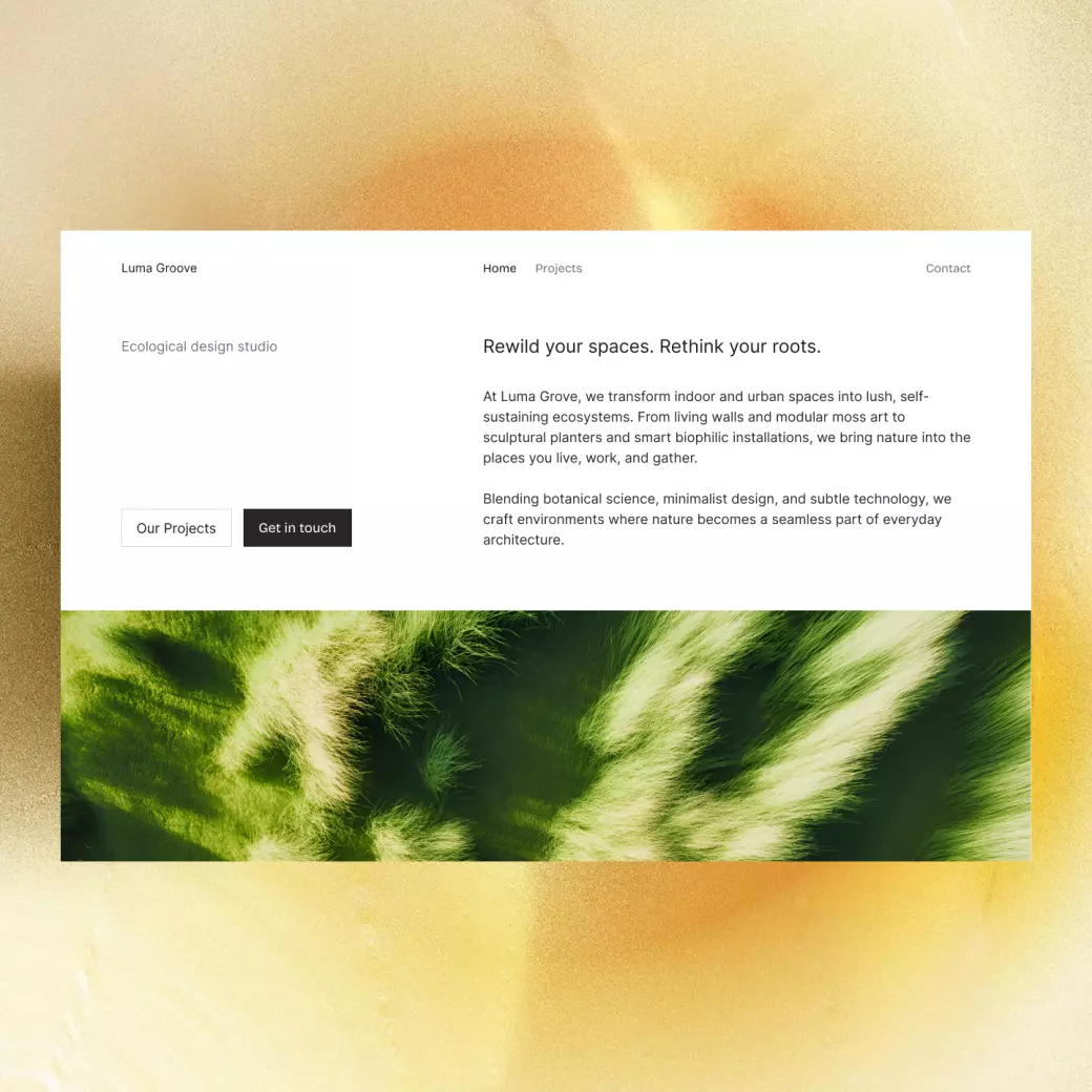 Hero section for a fictional company named Luma Grove. The hero is minimalist using black and white colors with mostly text. A cut image of grass is in full width at the bottom.